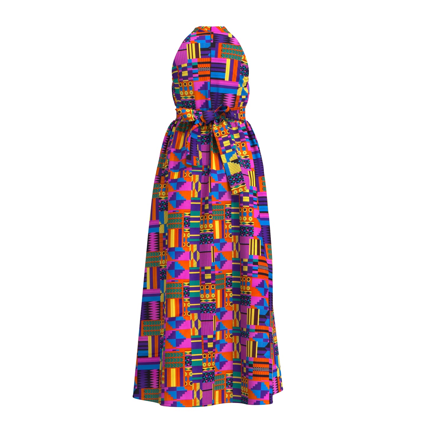 Ladies African Fabric Halter Maxi Dress With Back Bow & Side Split