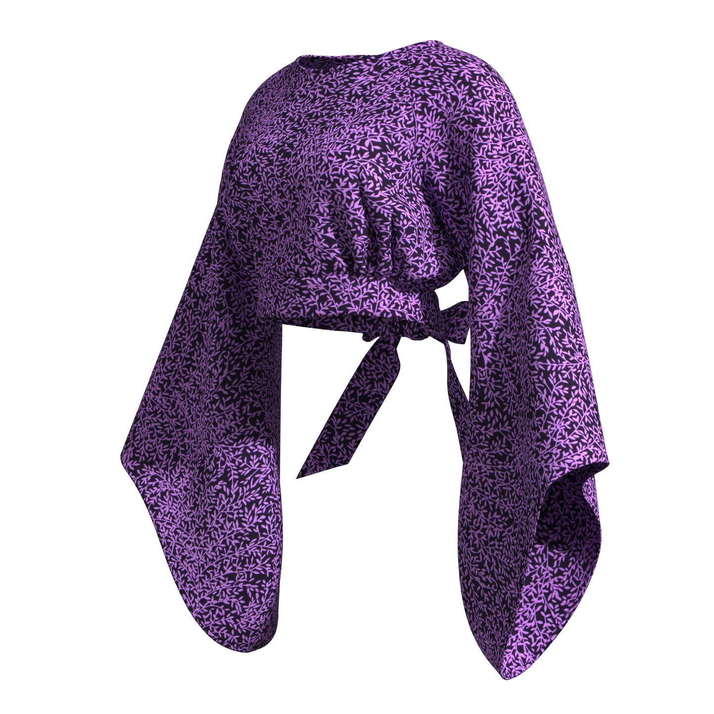 rinted Open Back Crop Top with Tie Waist & Extra Wide Bell Sleeve