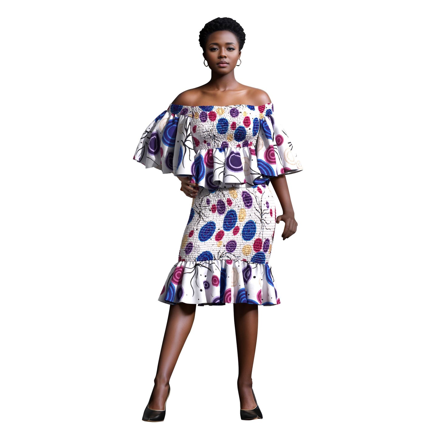 Smocked African Print Two-Piece Outfit with Flounce Sleeves