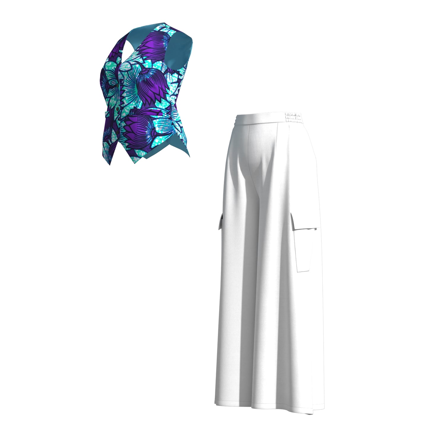 Ankara Print V-Neck Vest and Cargo Pocket Wide Leg Pants Set