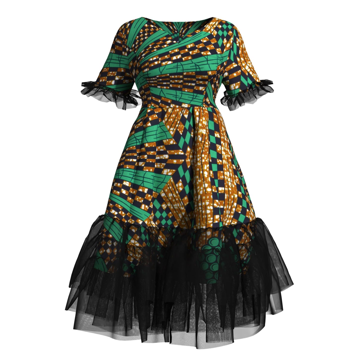 Kente Print Tiered Tulle Midi Dress – Short Sleeve Ankara Dress with Sheer Trim