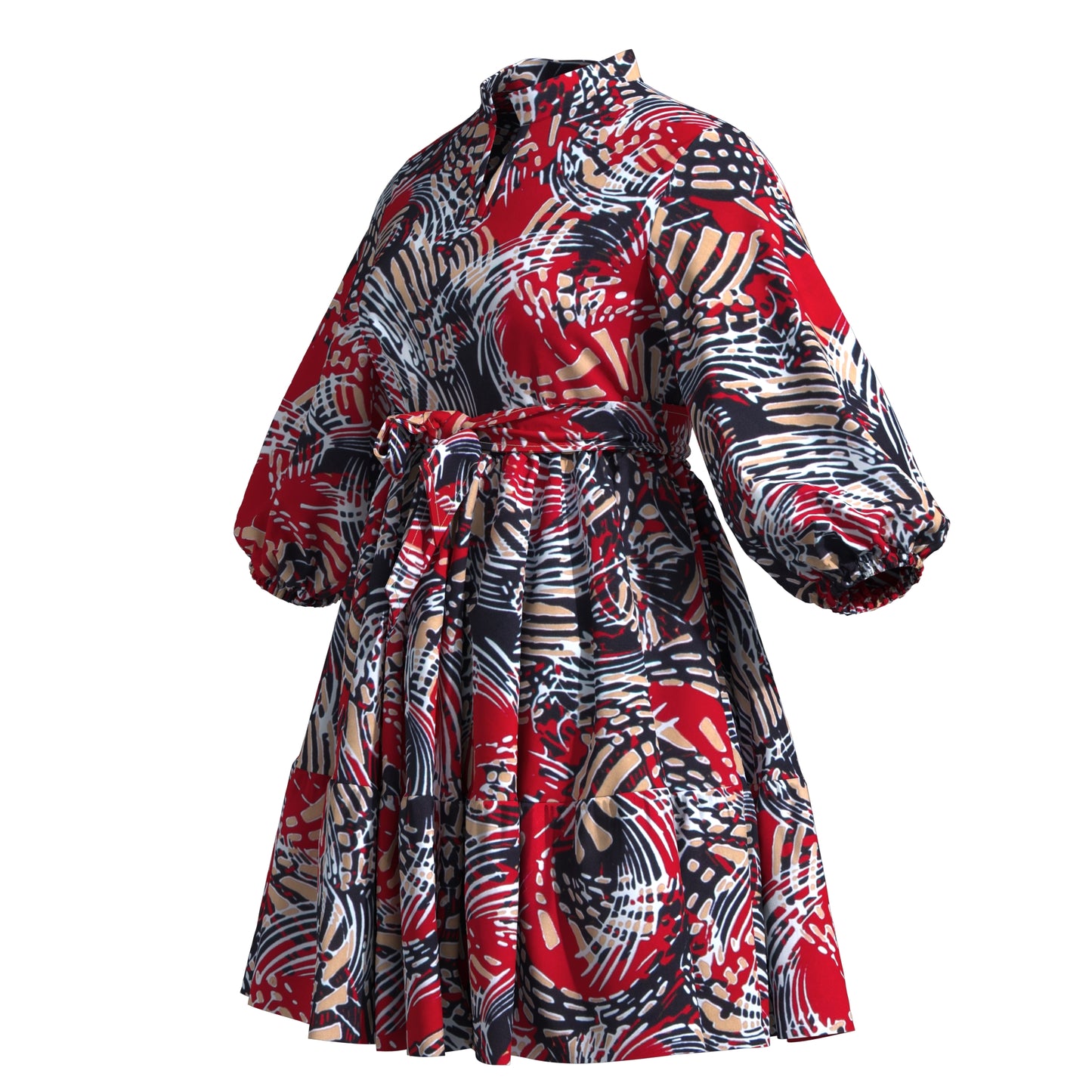 African Print Versatile Belted Stand Collar Casual Dress