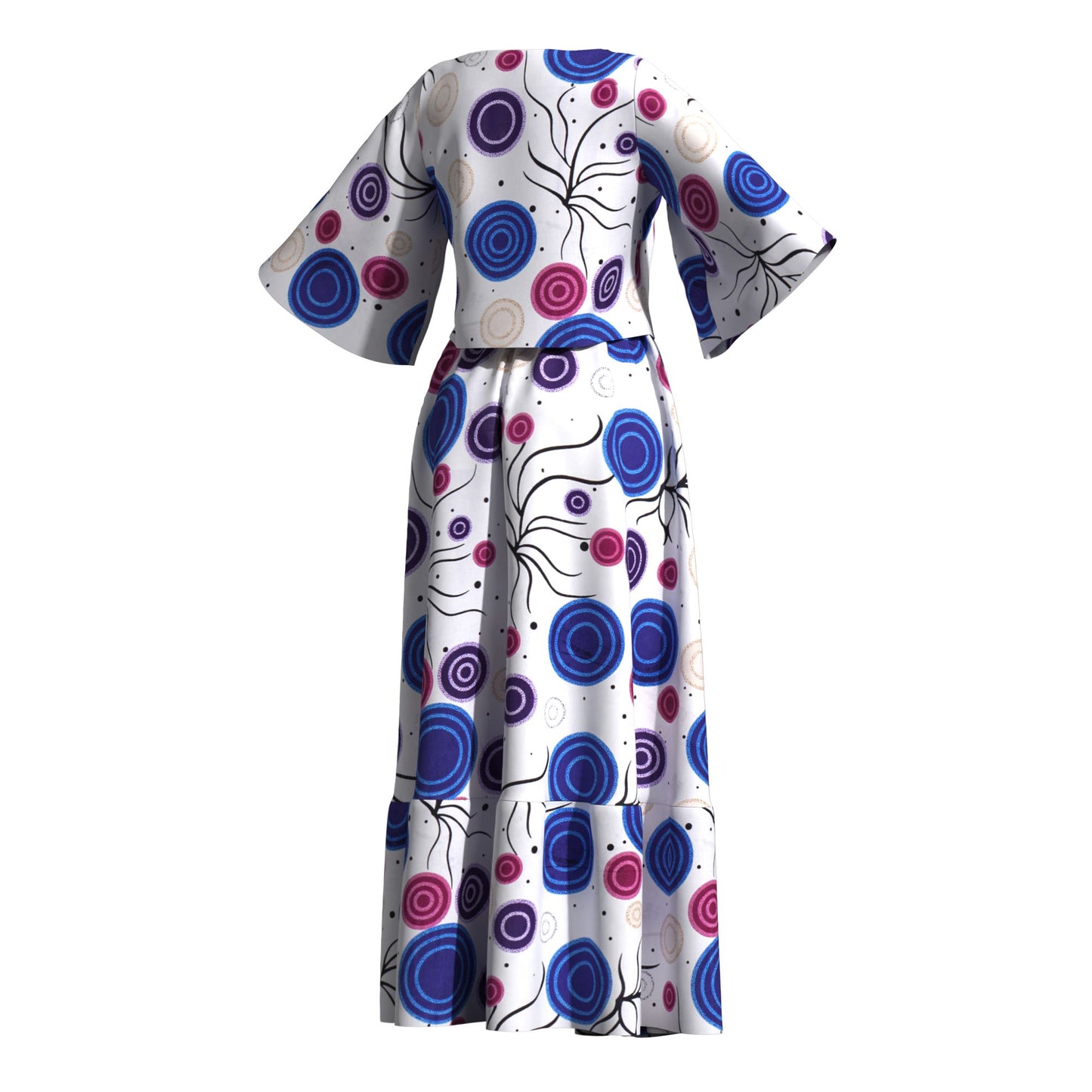 African Print Two Piece Outfit Women Notch Neck Crop Top & Tiered Maxi Skirt Set High Waist Slimming Matching Suit