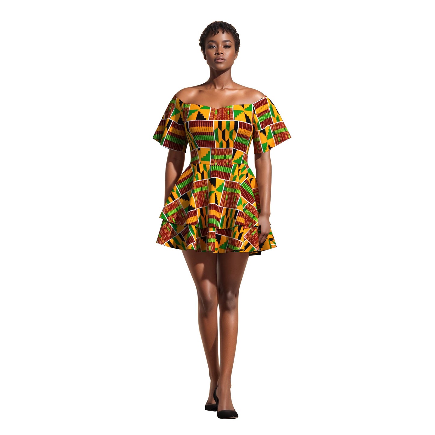 African Print Flowy Off-Shoulder Tiered Mini Dress for Women