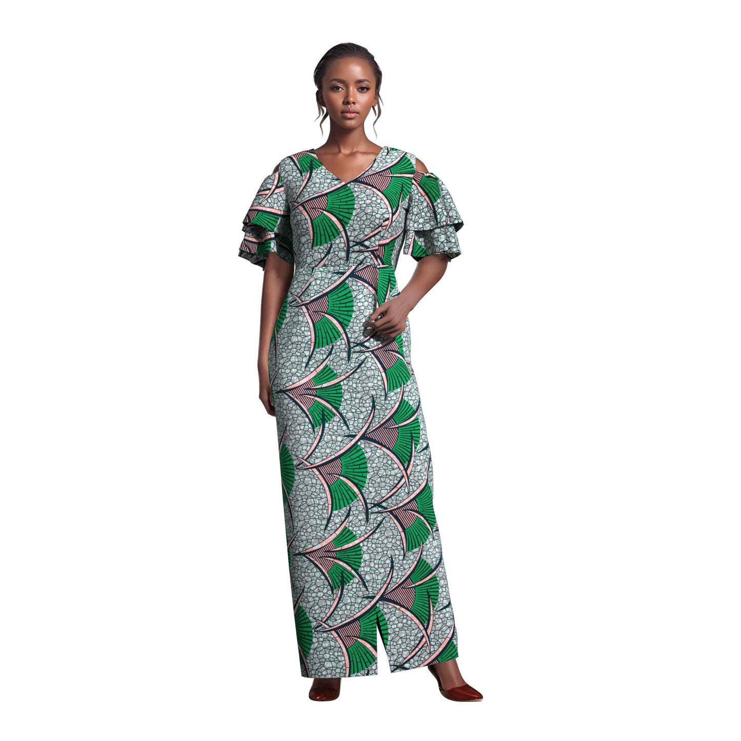 African Print Cold Shoulder Maxi Dress with Ruffle Sleeves