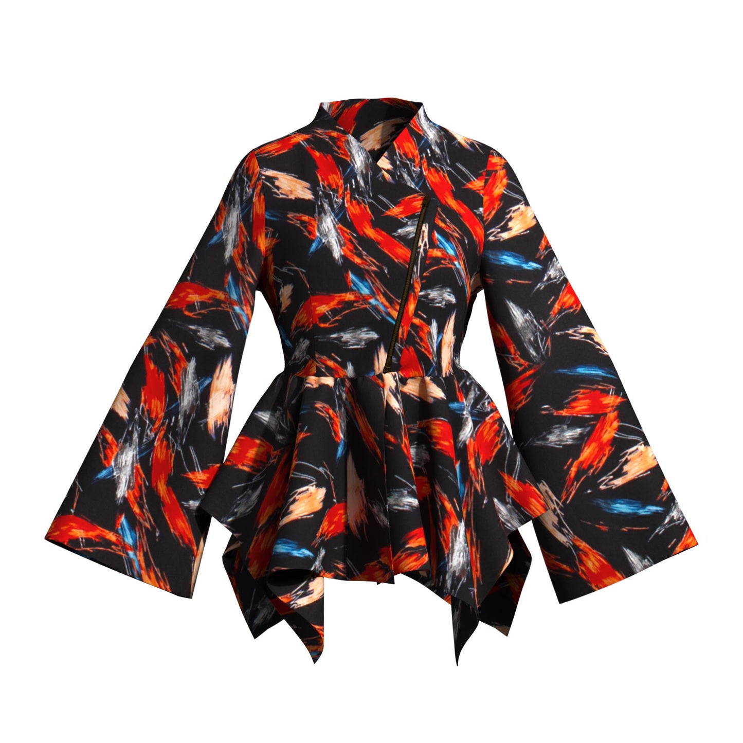 Kente Print Asymmetric Peplum Top with Bell Sleeves