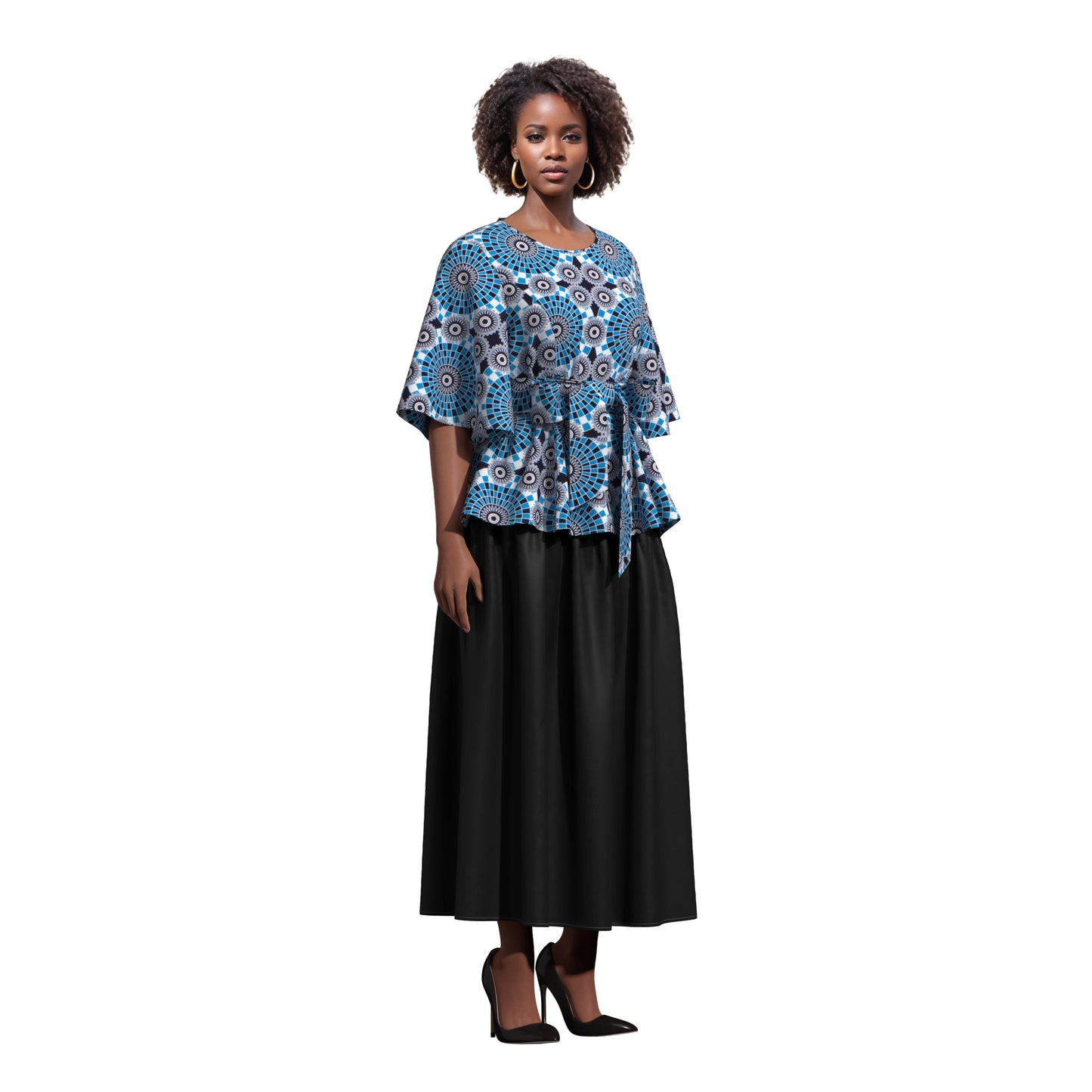 African Print Flare Sleeve Peplum Blouse with Waist Sash