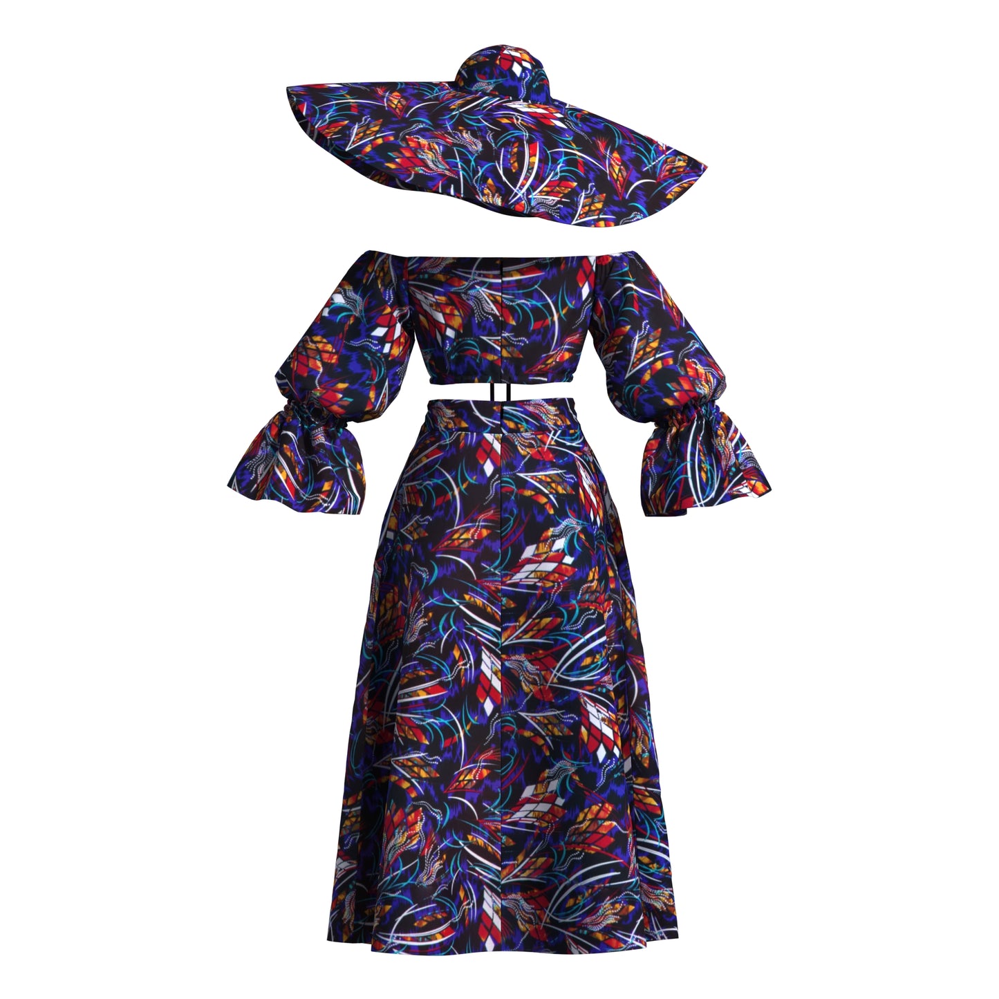 Vibrant African Wax Print Off-Shoulder Skirt Set with Wide Brim Hat – Afrocentric Circular Print Outfit
