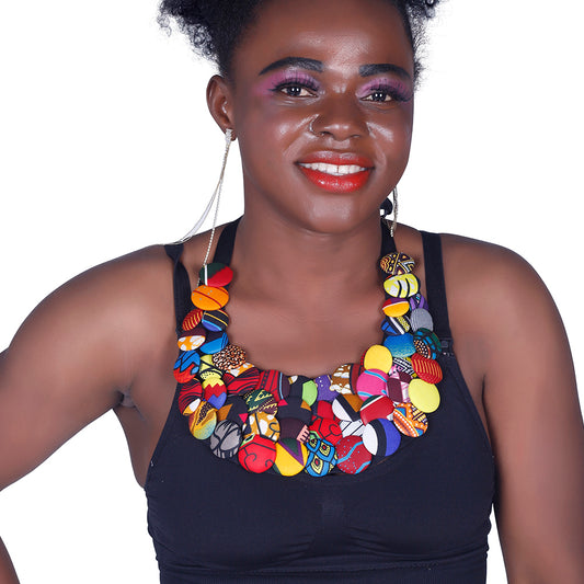 Handcrafted African Wax Print Button Cluster Necklace