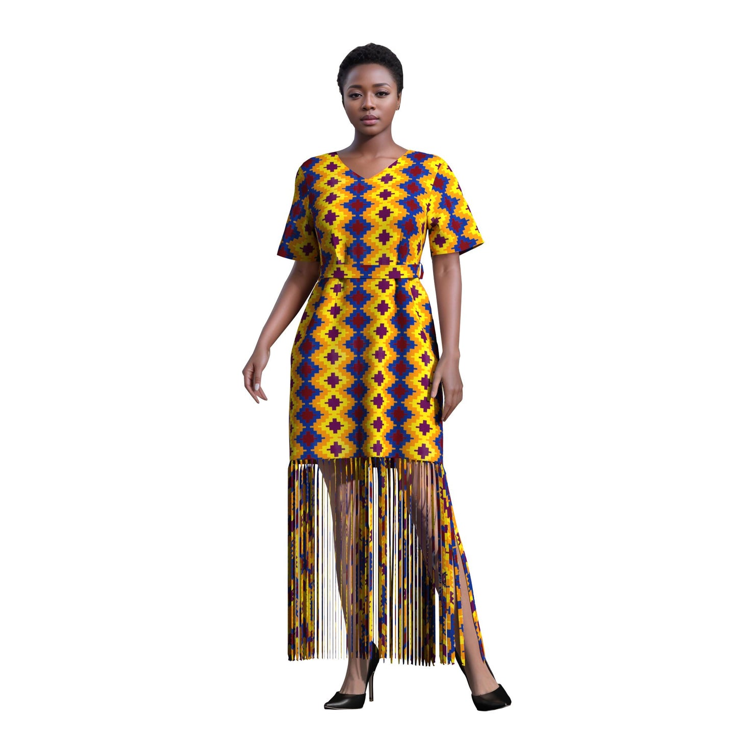 Bold Circular Ankara Print Fringe Hem Dress – Afrocentric Short Sleeve Midi Dress
