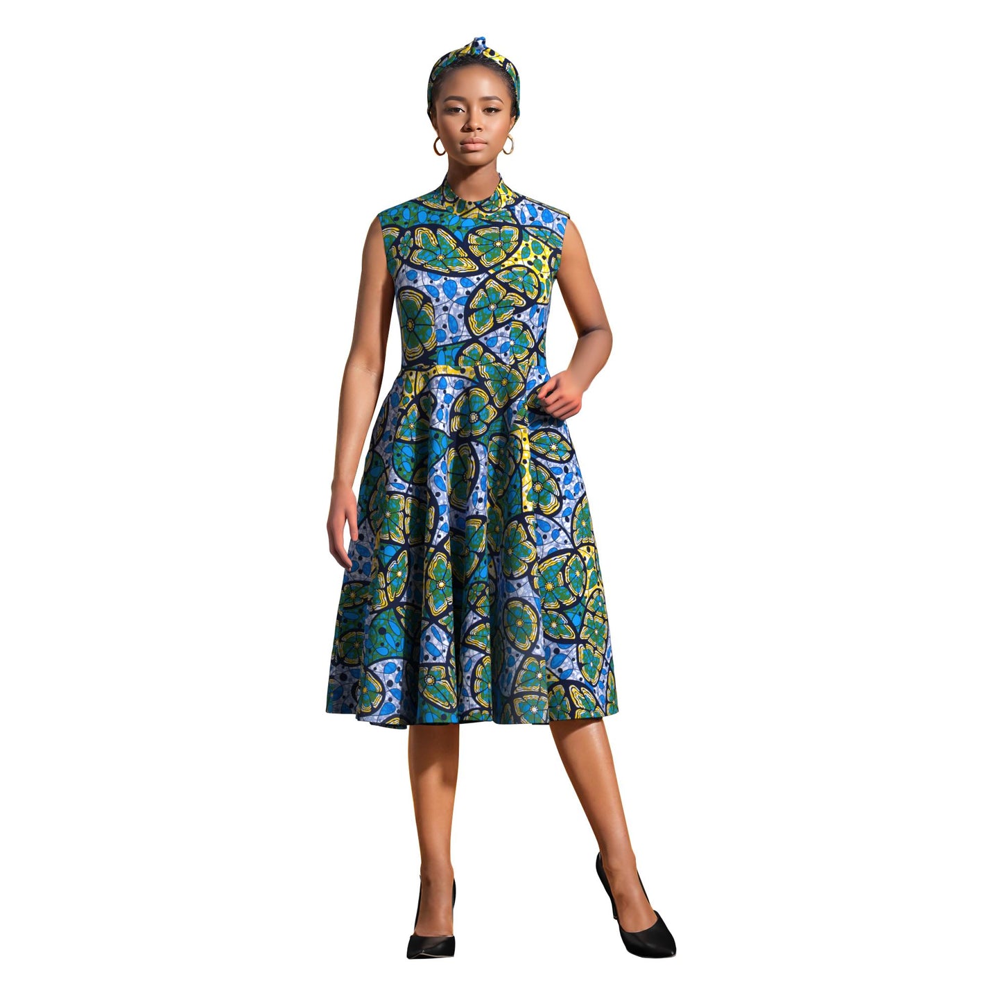 Ankara Print High Neck Sleeveless Midi Dress with Headband