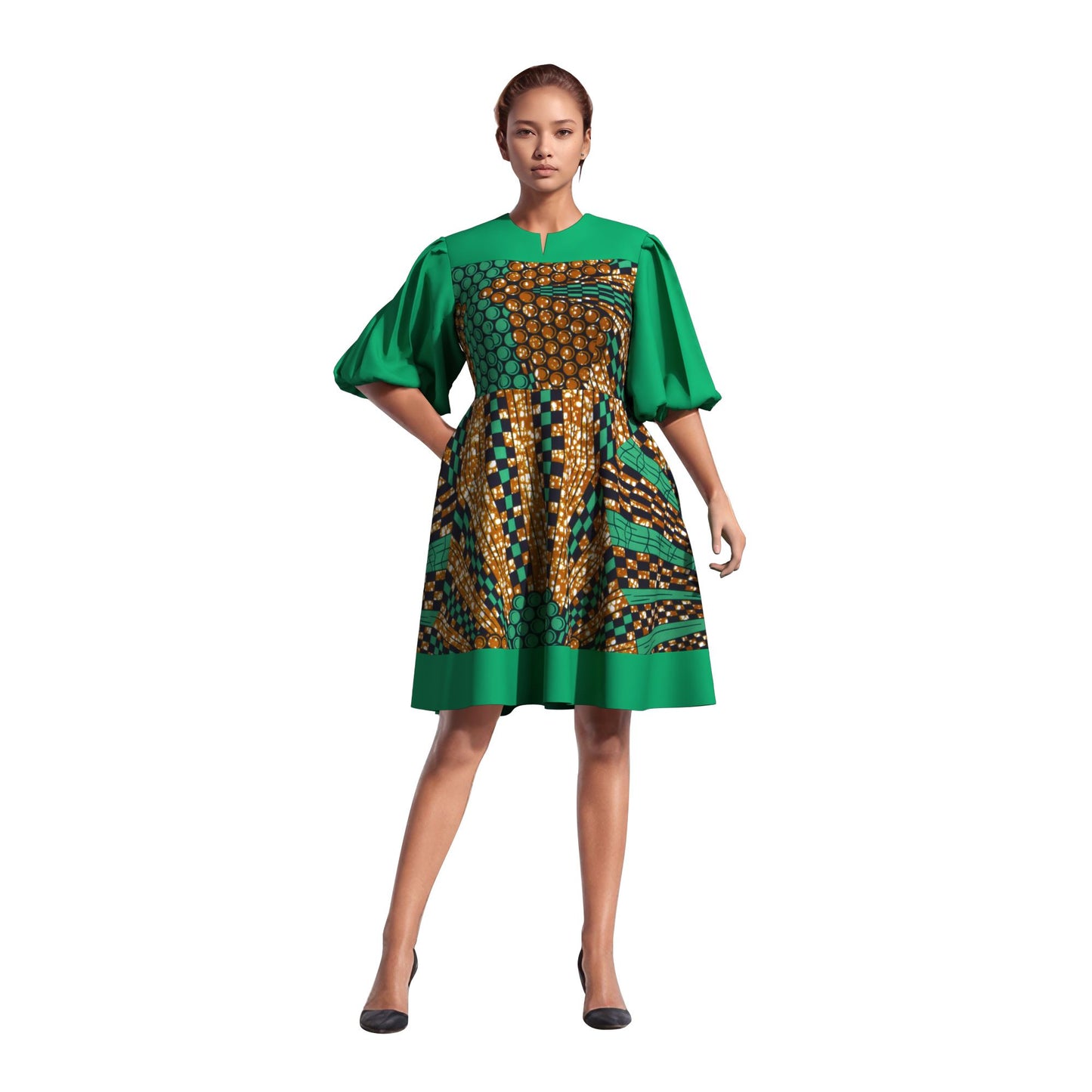 High Waist African Ankara Print Color Block Dress