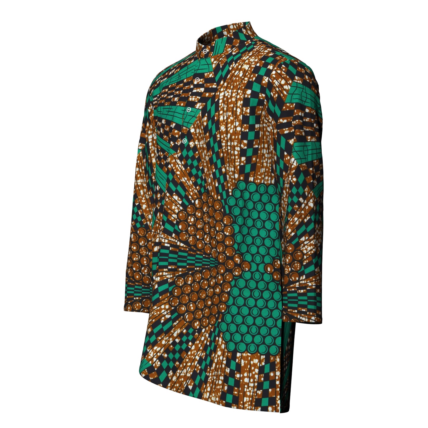 Ankara Print Men’s Mandarin Collar Asymmetric Hem Shirt