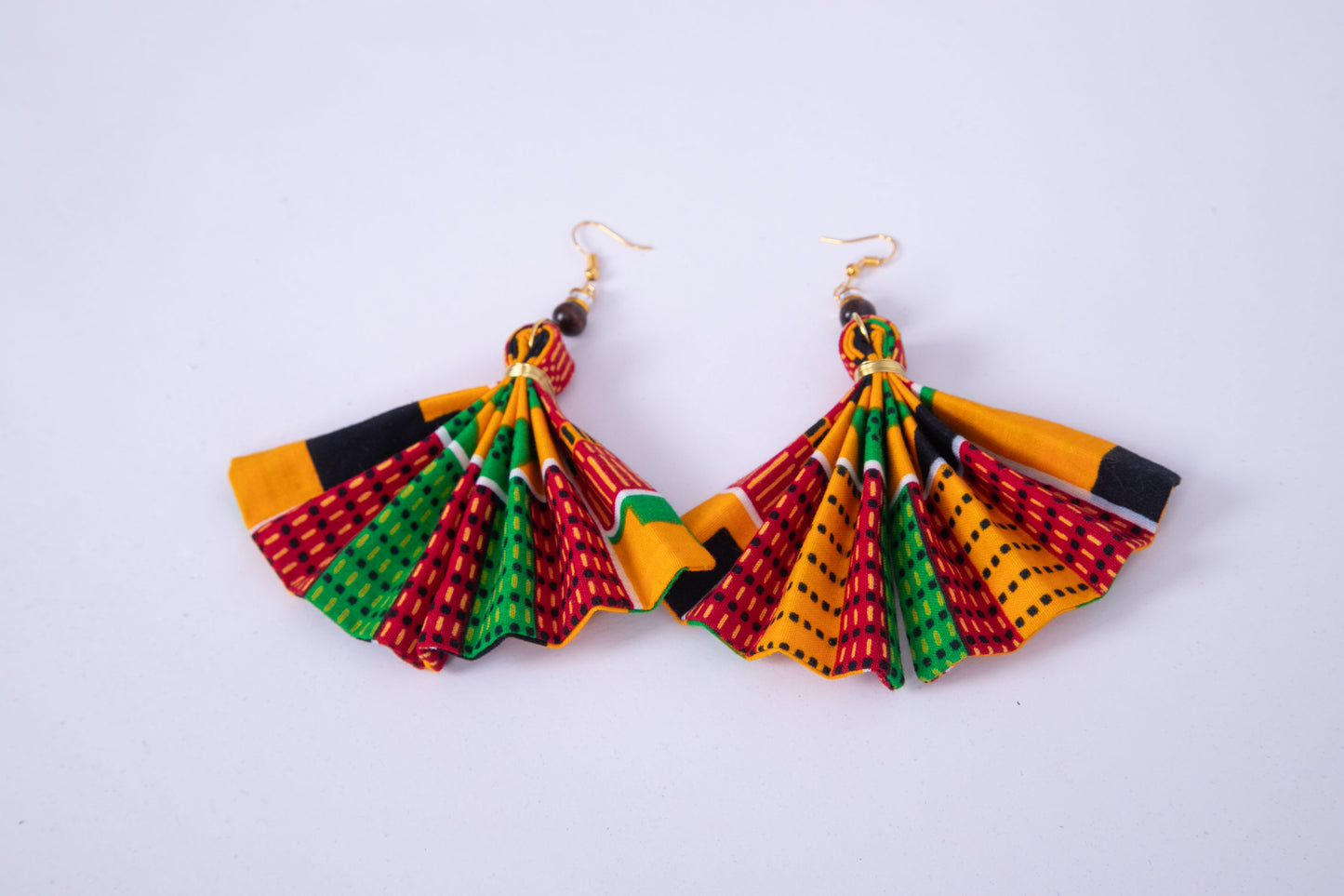 Handmade Fan Earrings with African Wax Print – Wire-Wrapped Cultural Dangle Earrings