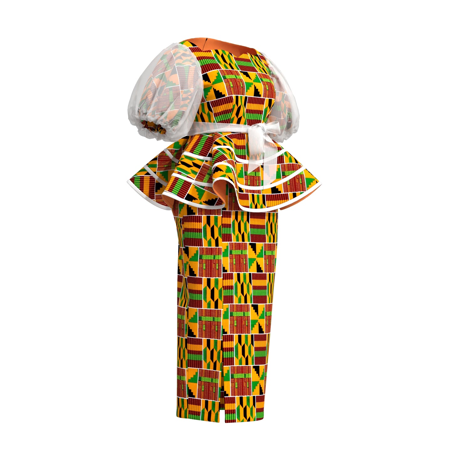 African Print Organza Sleeve Peplum Top & Midi Skirt Set