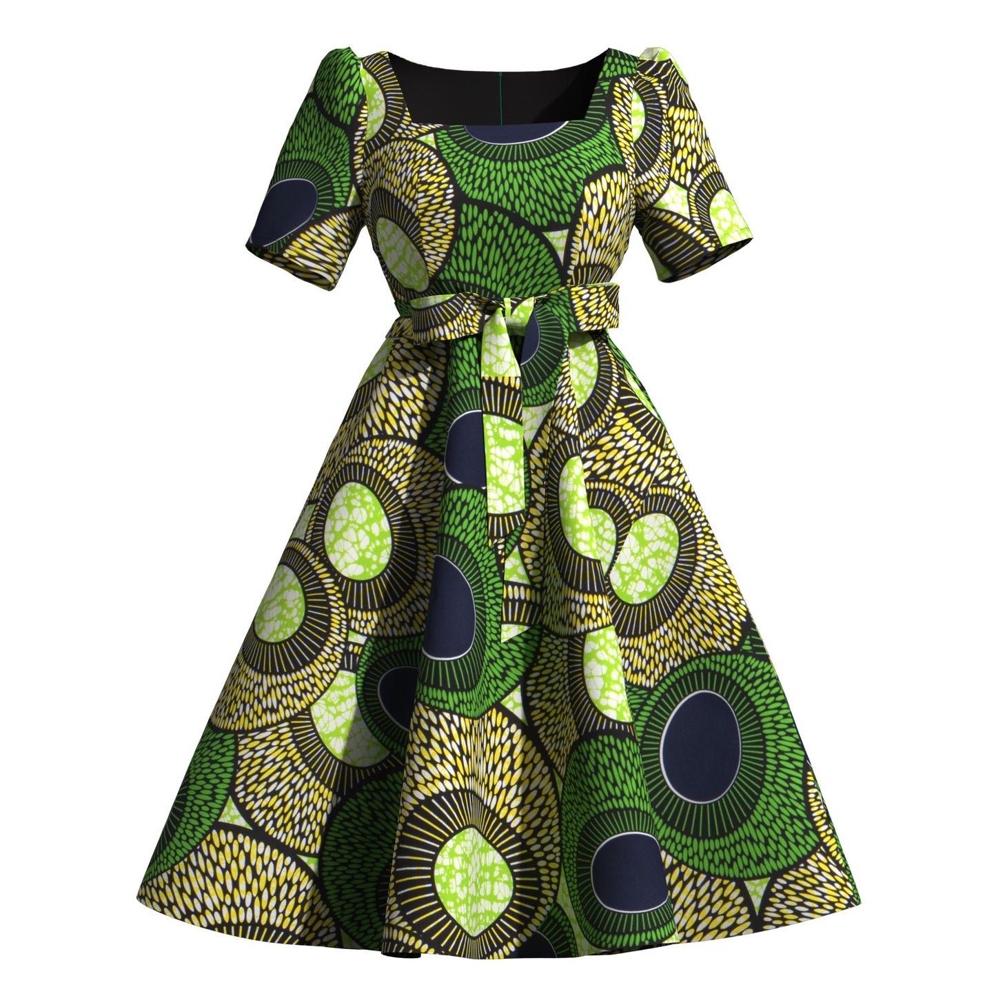 Women's African Print Midi Dress Short Sleeve & Belted Waist A-Line Ankara Fashion Dress