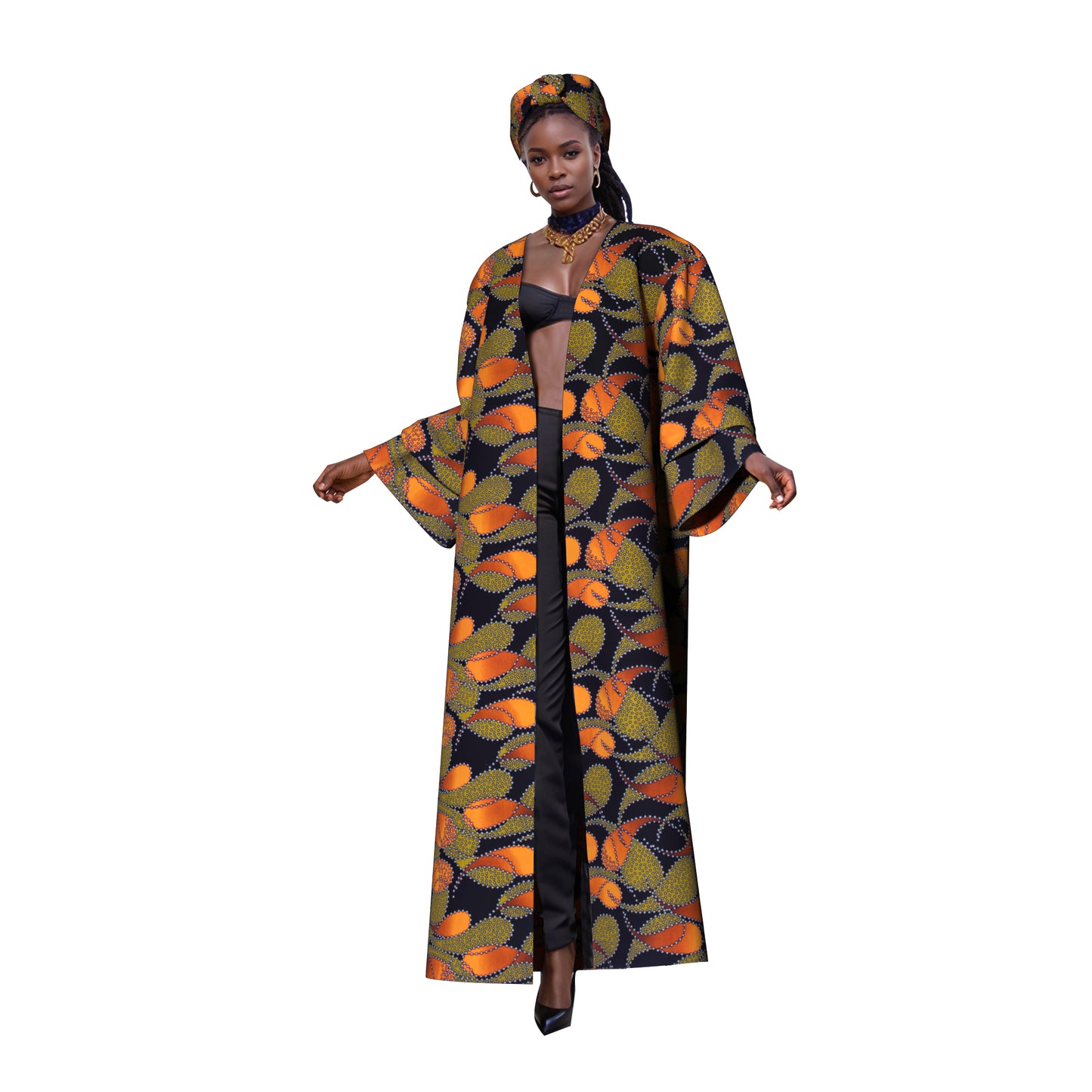 African Women All Over Cultural Print Loose Long Open Front Outerwear Matching Printed Head Wrap Set