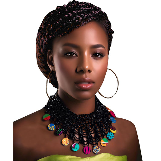 Hand Woven Black Mesh Bead Collar Necklace Colorful African Fabric Cover Disc Statement Fashion Accessories