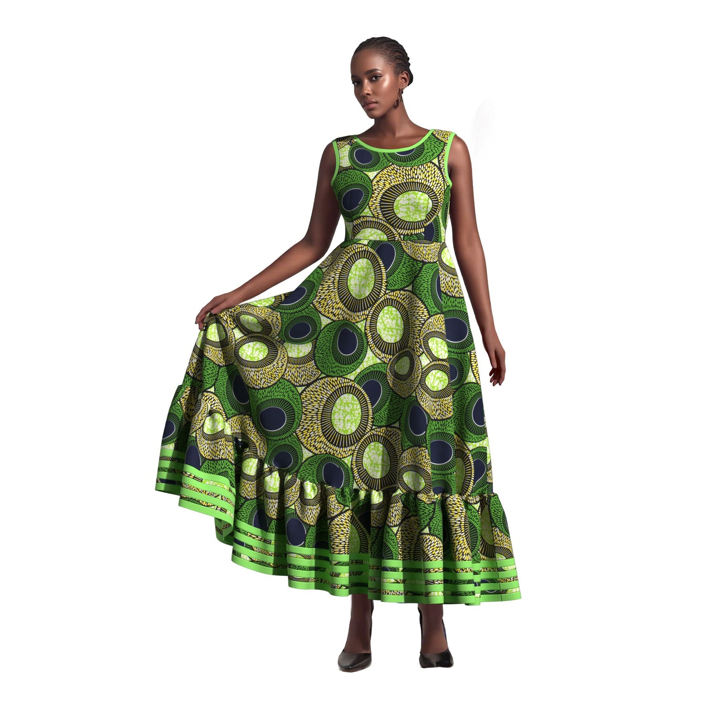 African Women All Over Culture Print Sleeveless Maxi Dress Hollow Back Decorative Buttons Casual Party Dress