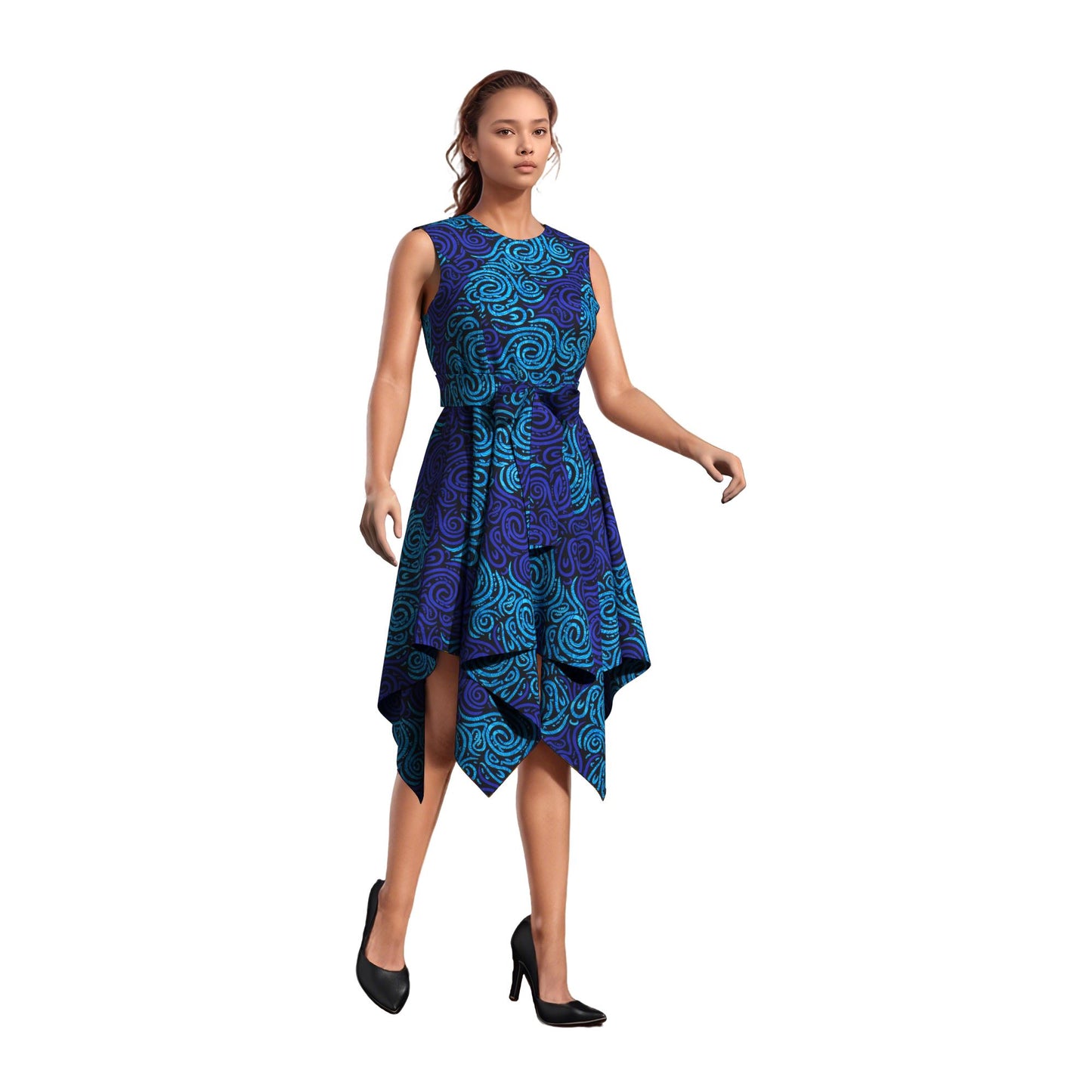 Sleeveless African Print Fit-and-Flare Dress with Asymmetrical Hem
