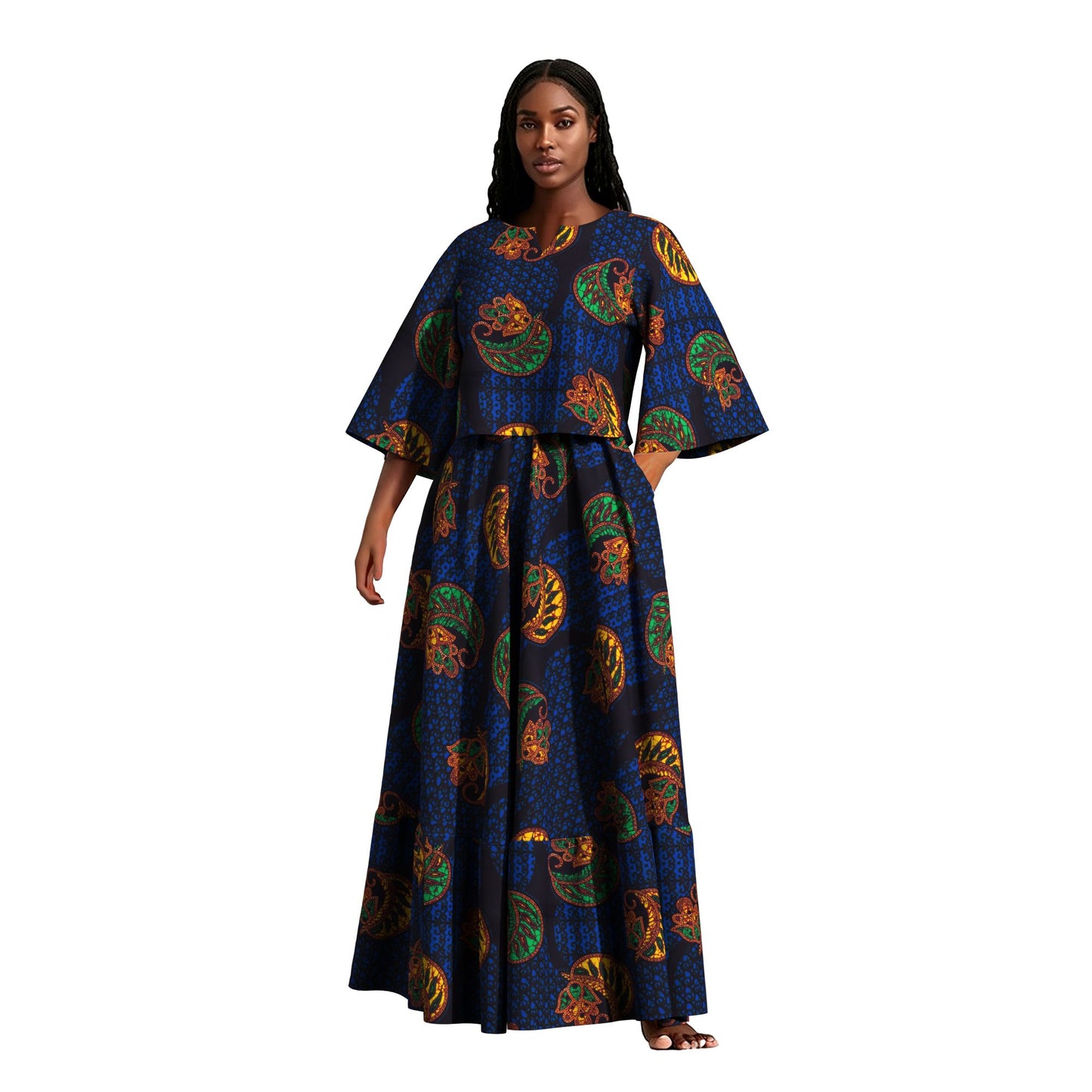 African Print Two Piece Outfit Women Notch Neck Crop Top & Tiered Maxi Skirt Set High Waist Slimming Matching Suit