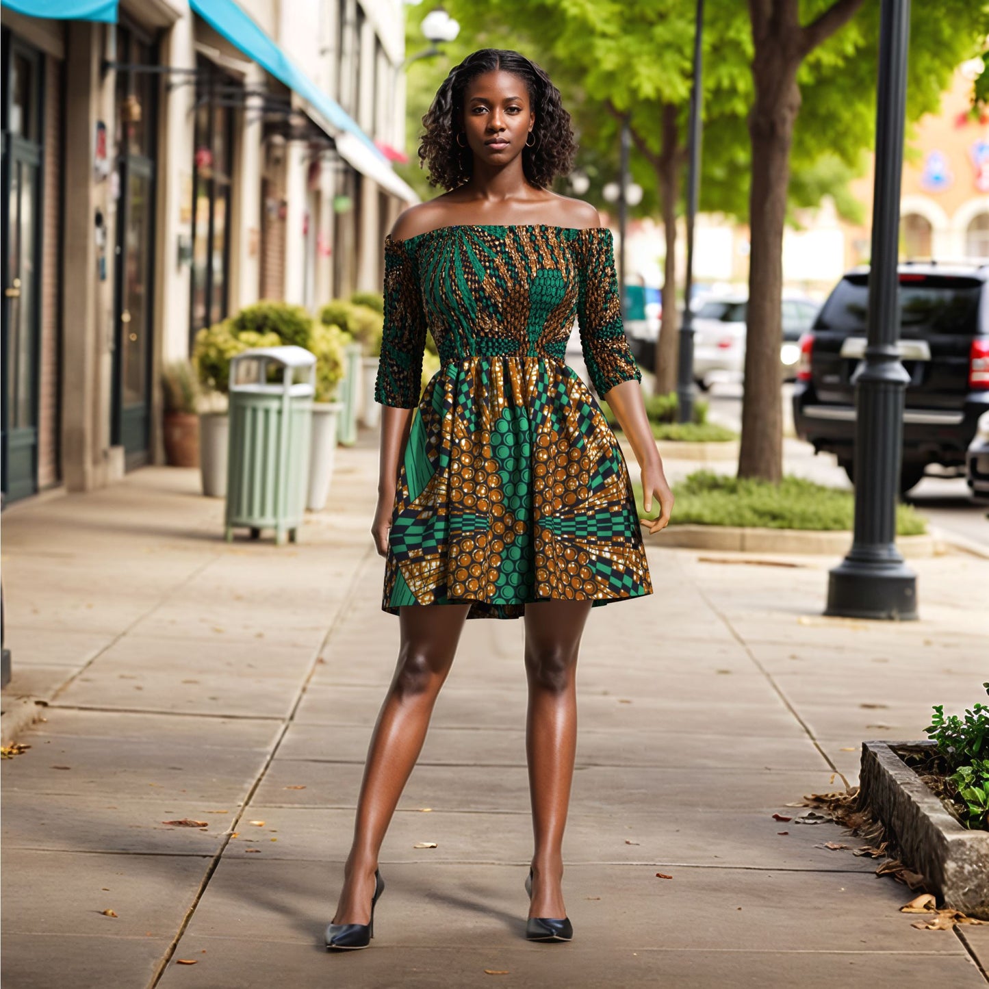 African Print Off Shoulder Flare Dress | Kente Pattern Short Party Dress for Black Women