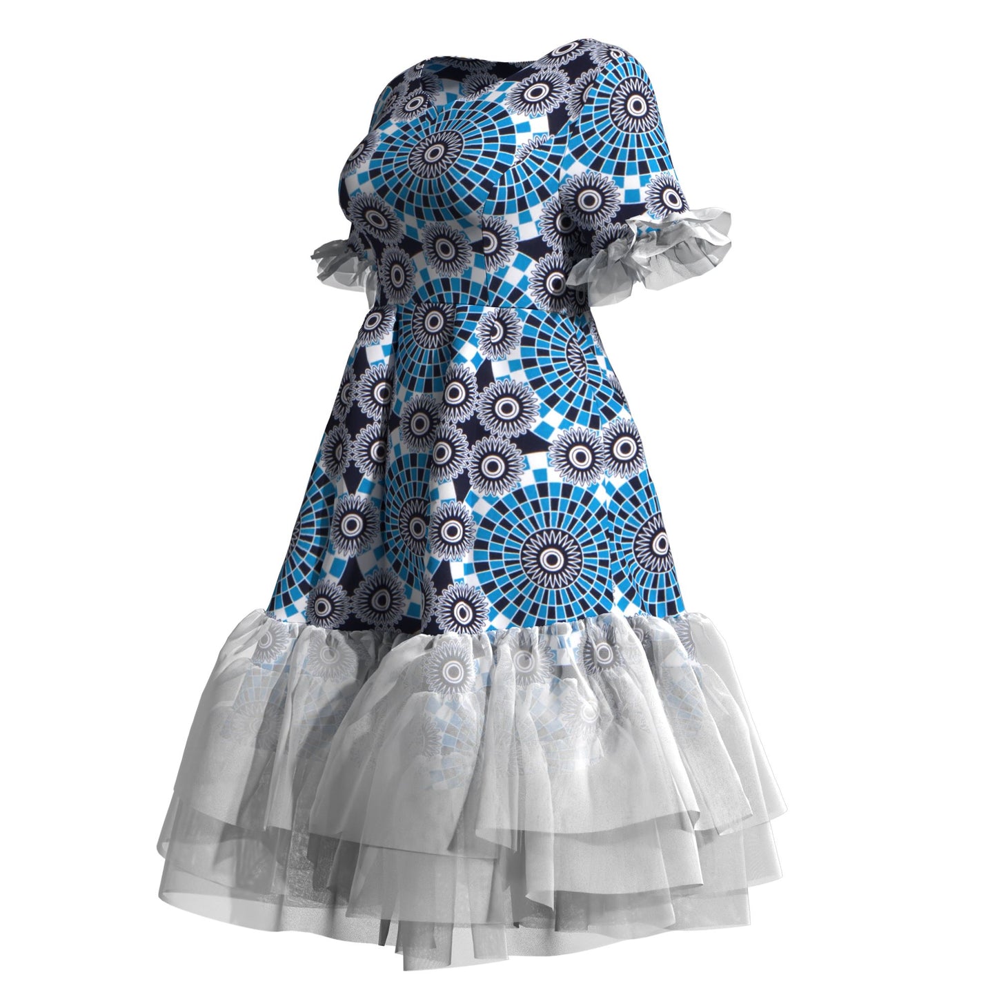 Kente Print Tiered Tulle Midi Dress – Short Sleeve Ankara Dress with Sheer Trim