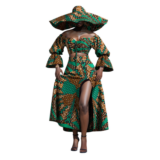 Vibrant African Wax Print Off-Shoulder Skirt Set with Wide Brim Hat – Afrocentric Circular Print Outfit