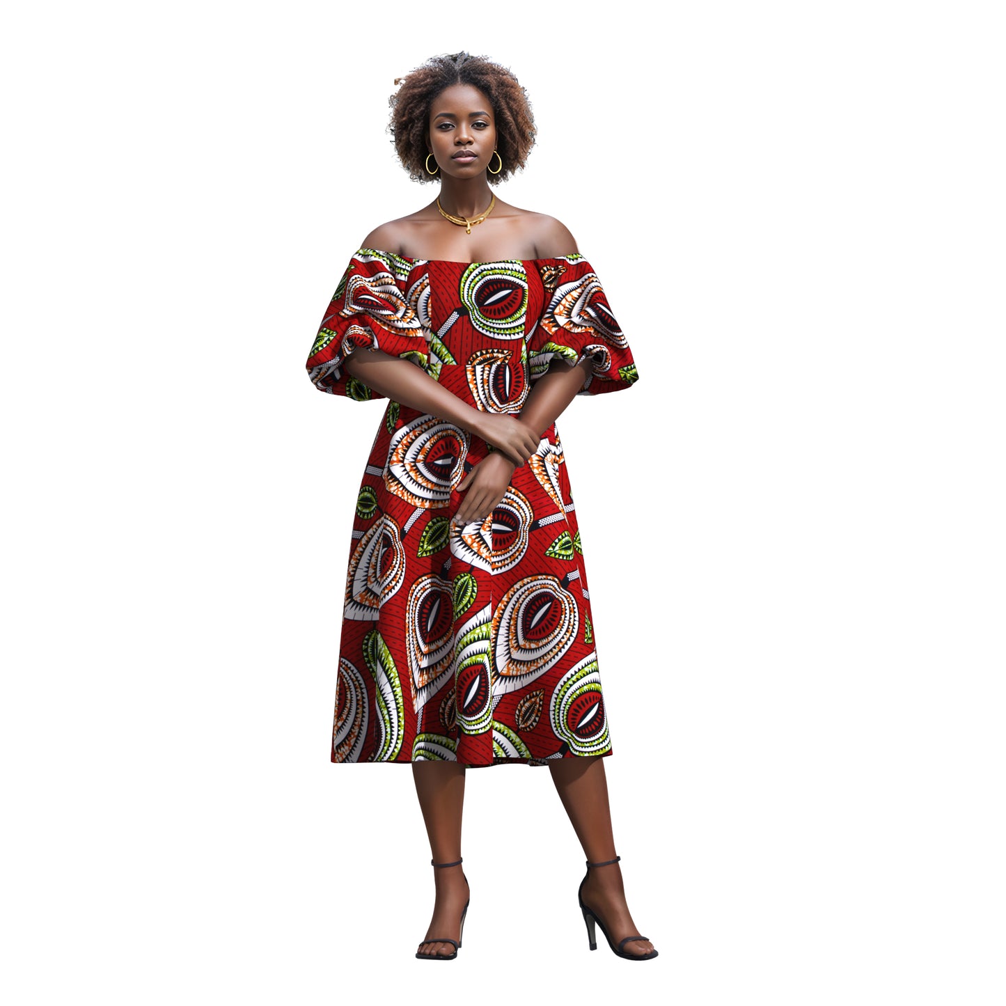 Bold Pattern Ankara Off Shoulder Dress, Breathable High-Quality African Fabric Fashion Dress