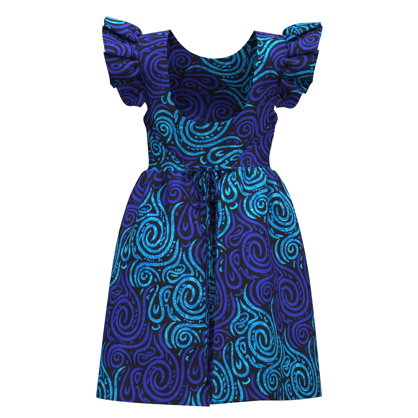 African Print Pleated Sleeve Tie-Back Backless Dress