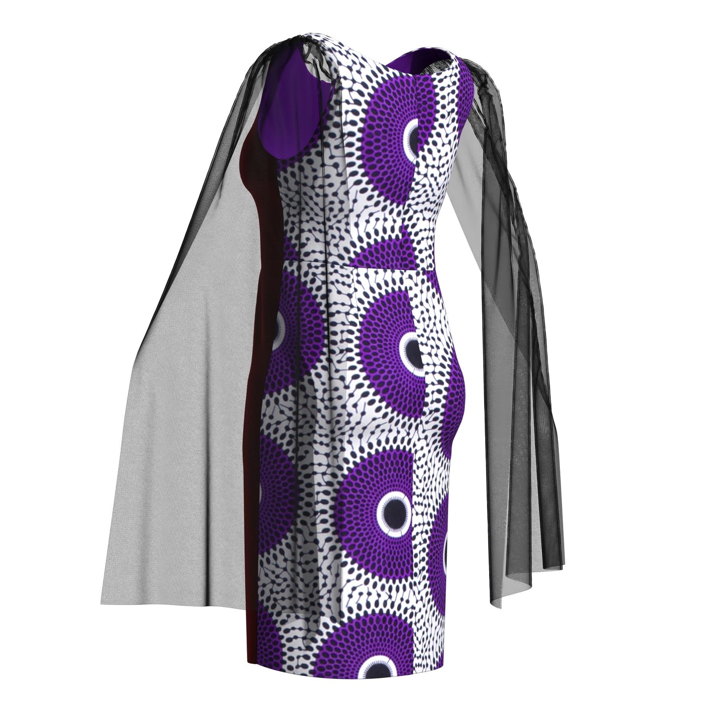 Traditional West African Print Sheath Dress – Sheer Cape Sleeve with Velvet Side Panels