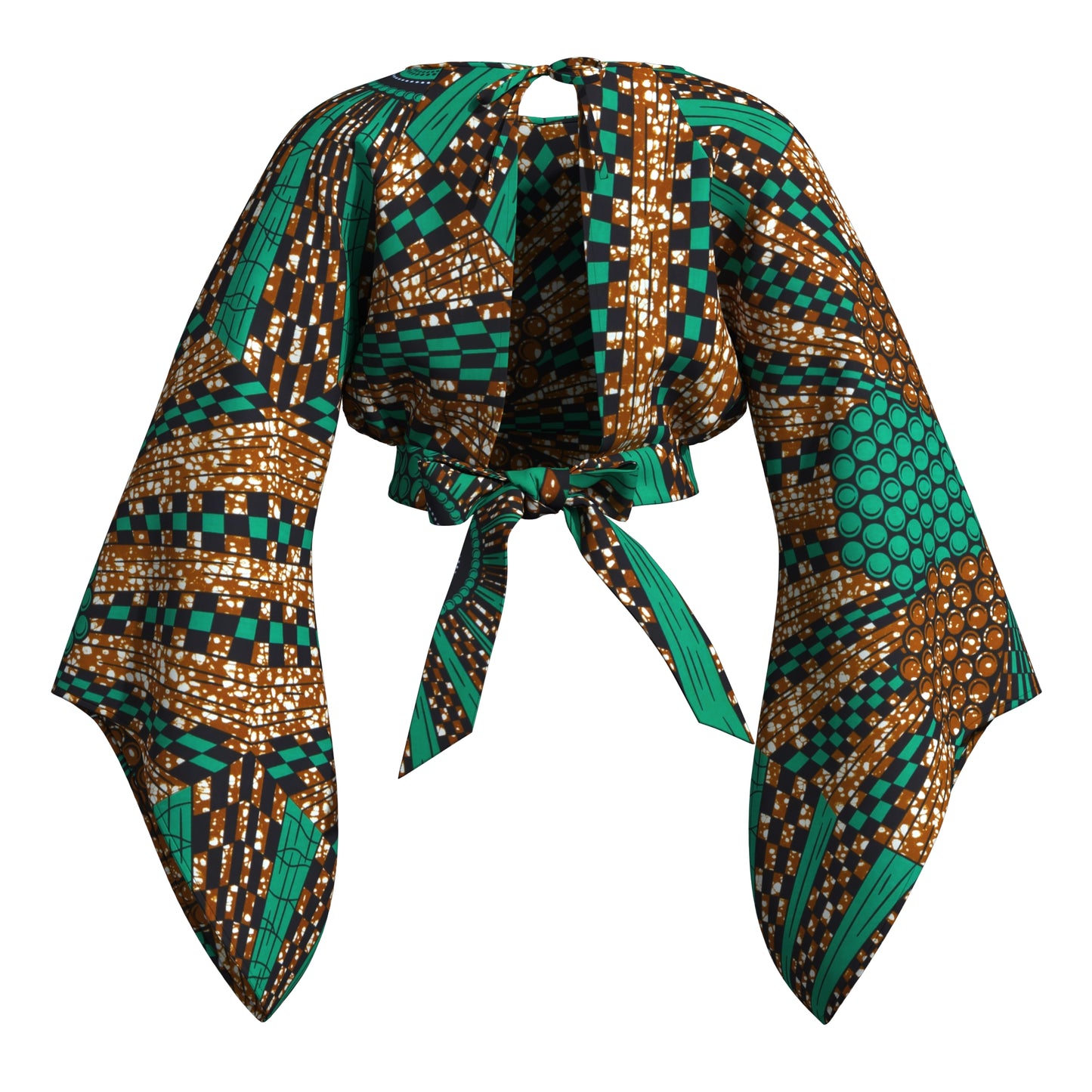 rinted Open Back Crop Top with Tie Waist & Extra Wide Bell Sleeve