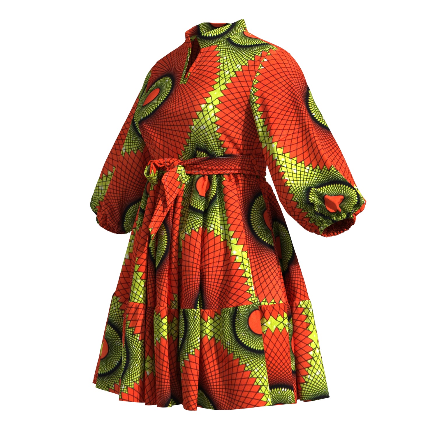 African Print Versatile Belted Stand Collar Casual Dress