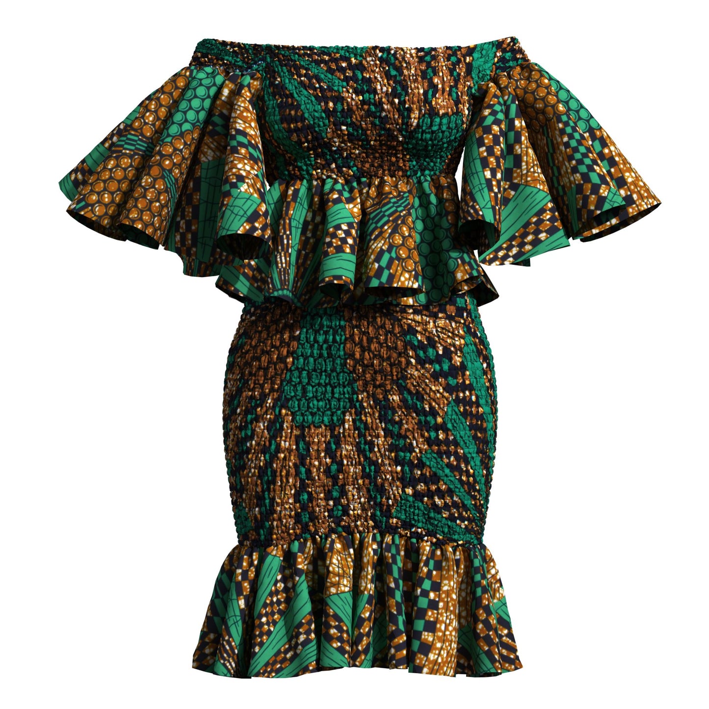 Smocked African Print Two-Piece Outfit with Flounce Sleeves