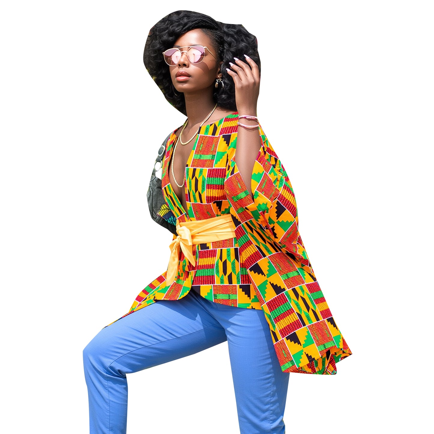 Women's African Ankara Peplum Top Bell Sleeve & Belted Waist Party & Evening Wear