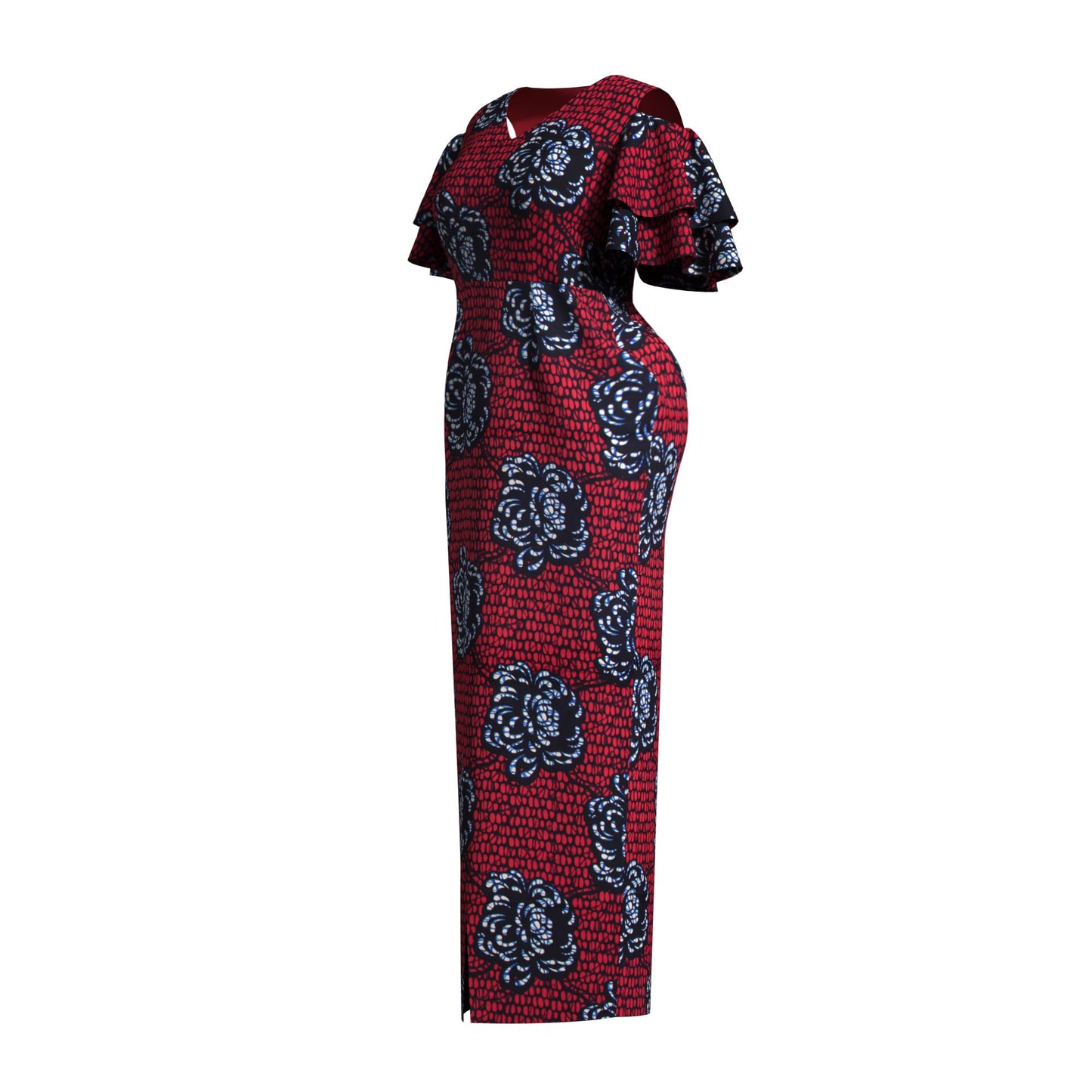 African Print Cold Shoulder Maxi Dress with Ruffle Sleeves