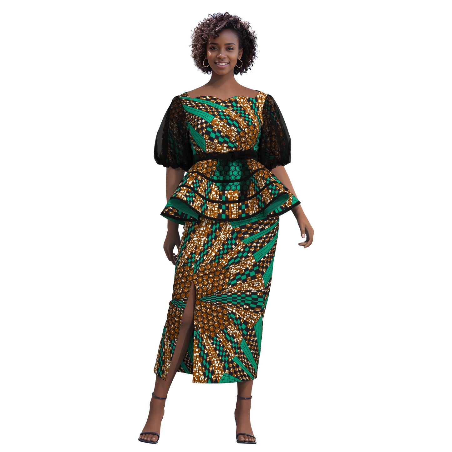 African Print Organza Sleeve Peplum Top & Midi Skirt Set