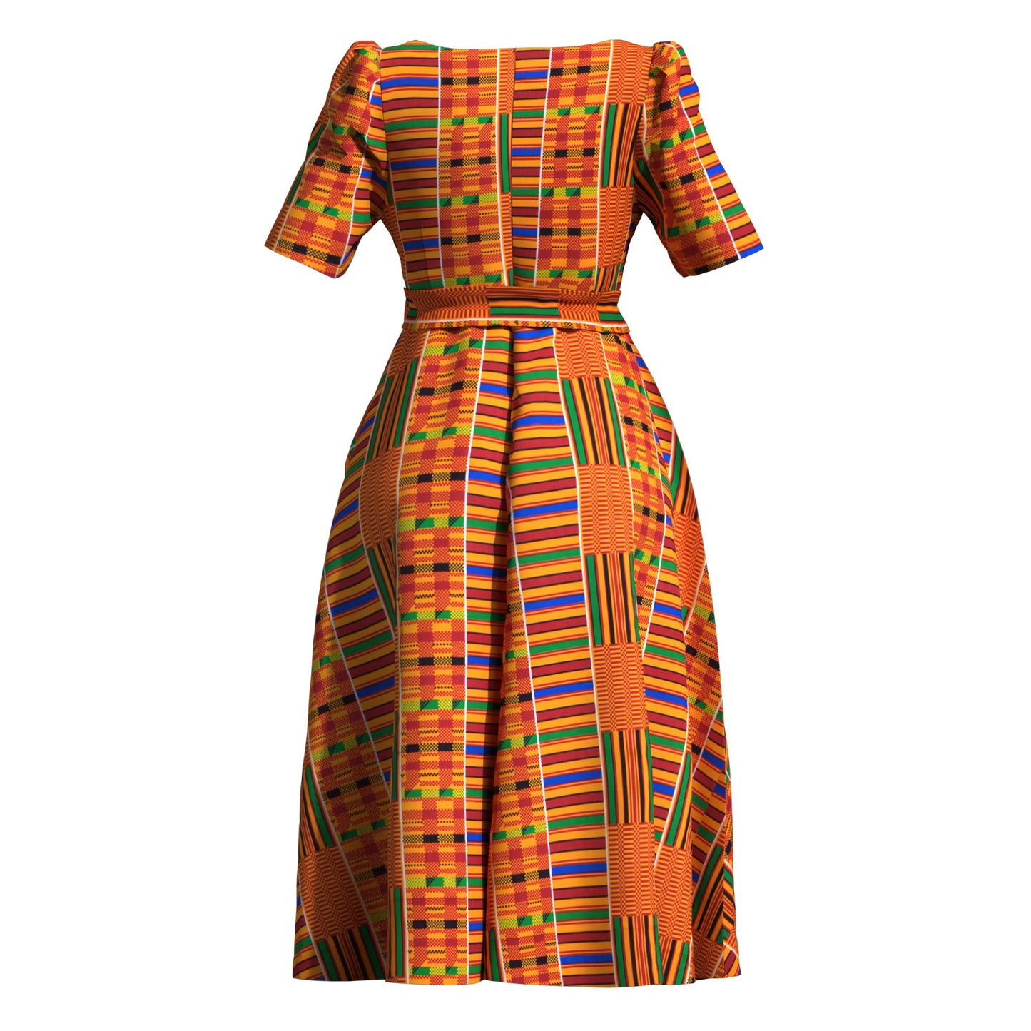 Women's African Print Midi Dress Short Sleeve & Belted Waist A-Line Ankara Fashion Dress