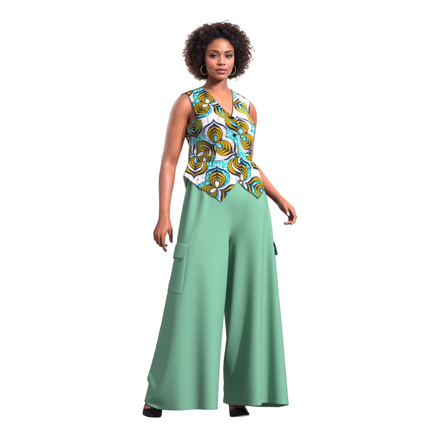 Ankara Print V-Neck Vest and Cargo Pocket Wide Leg Pants Set