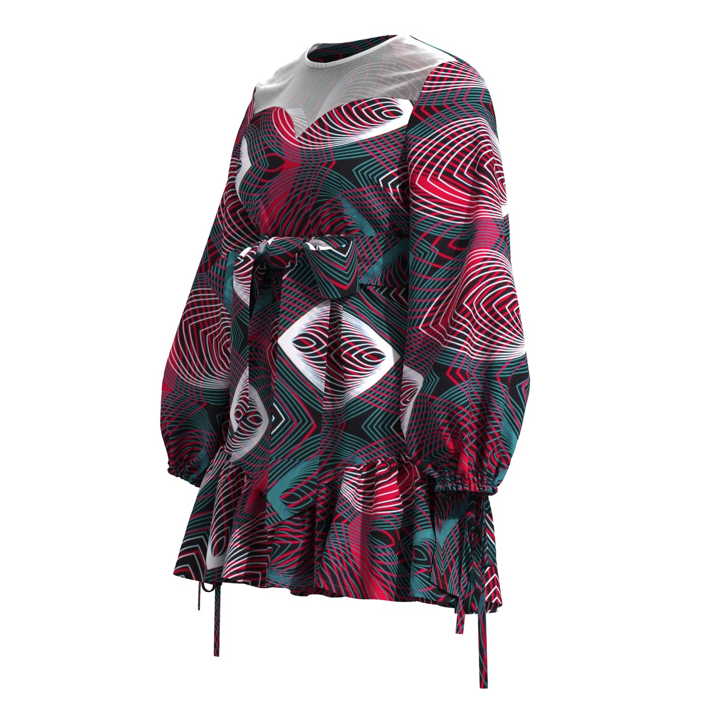 Sheer Mesh Neck African Print Belted Mini Dress