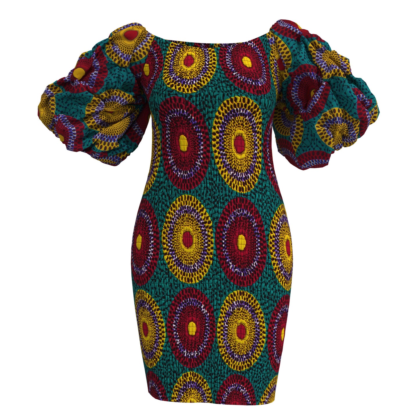 African Print Smocked Bodycon Dress with Puff Sleeves – Ankara Mini Dress