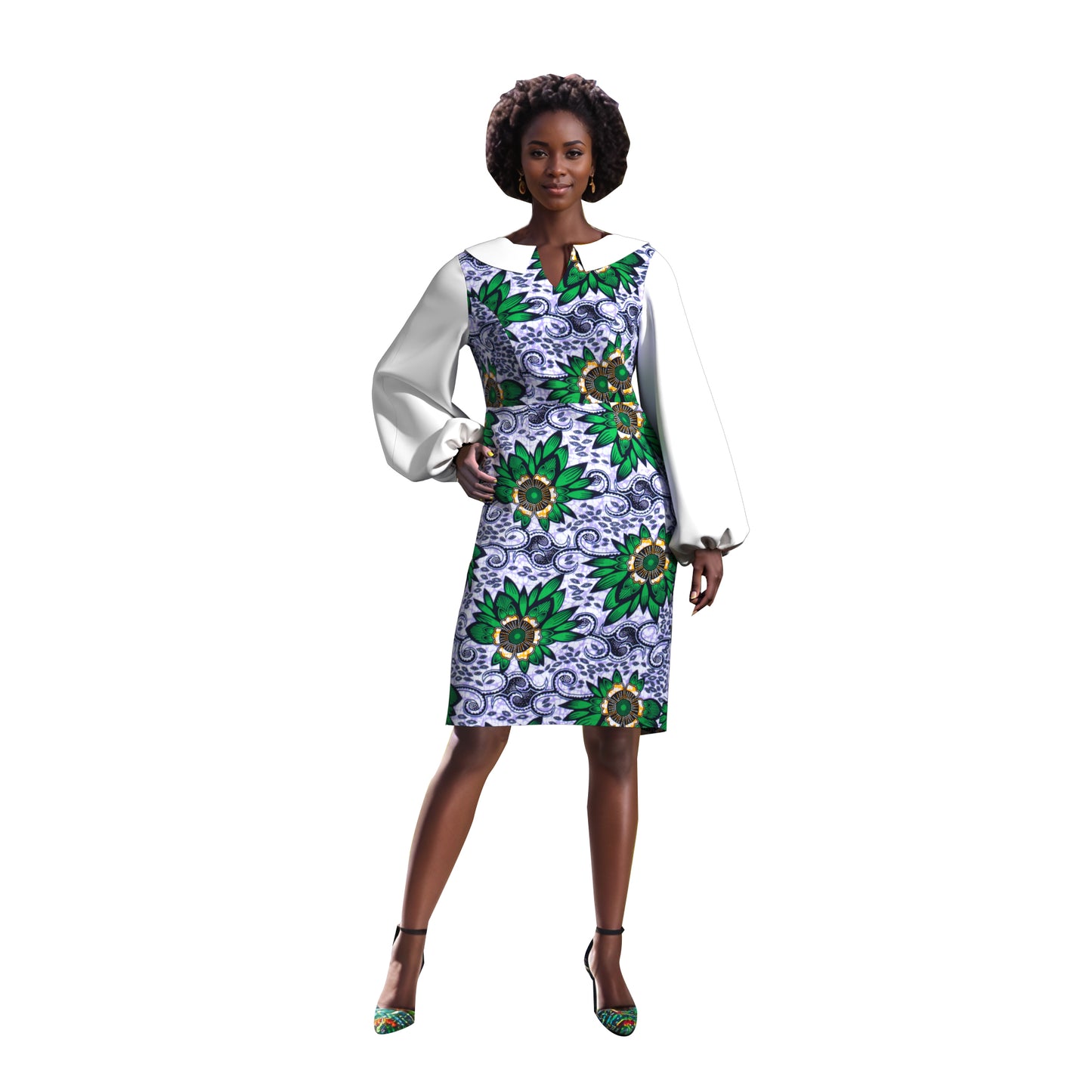 African Print Peter Pan Collar Puff Sleeve Midi Dress