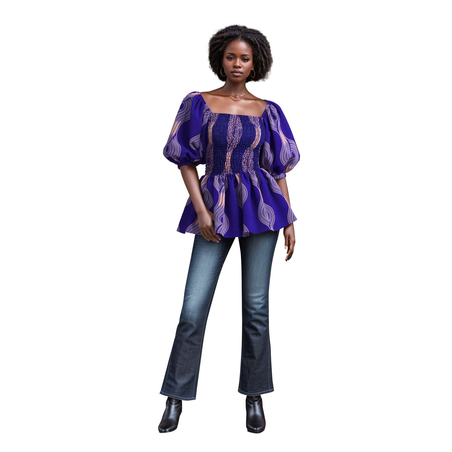 Tropical Wave African Print Puff Sleeve Peplum Blouse – Bold Colorful Ankara Top