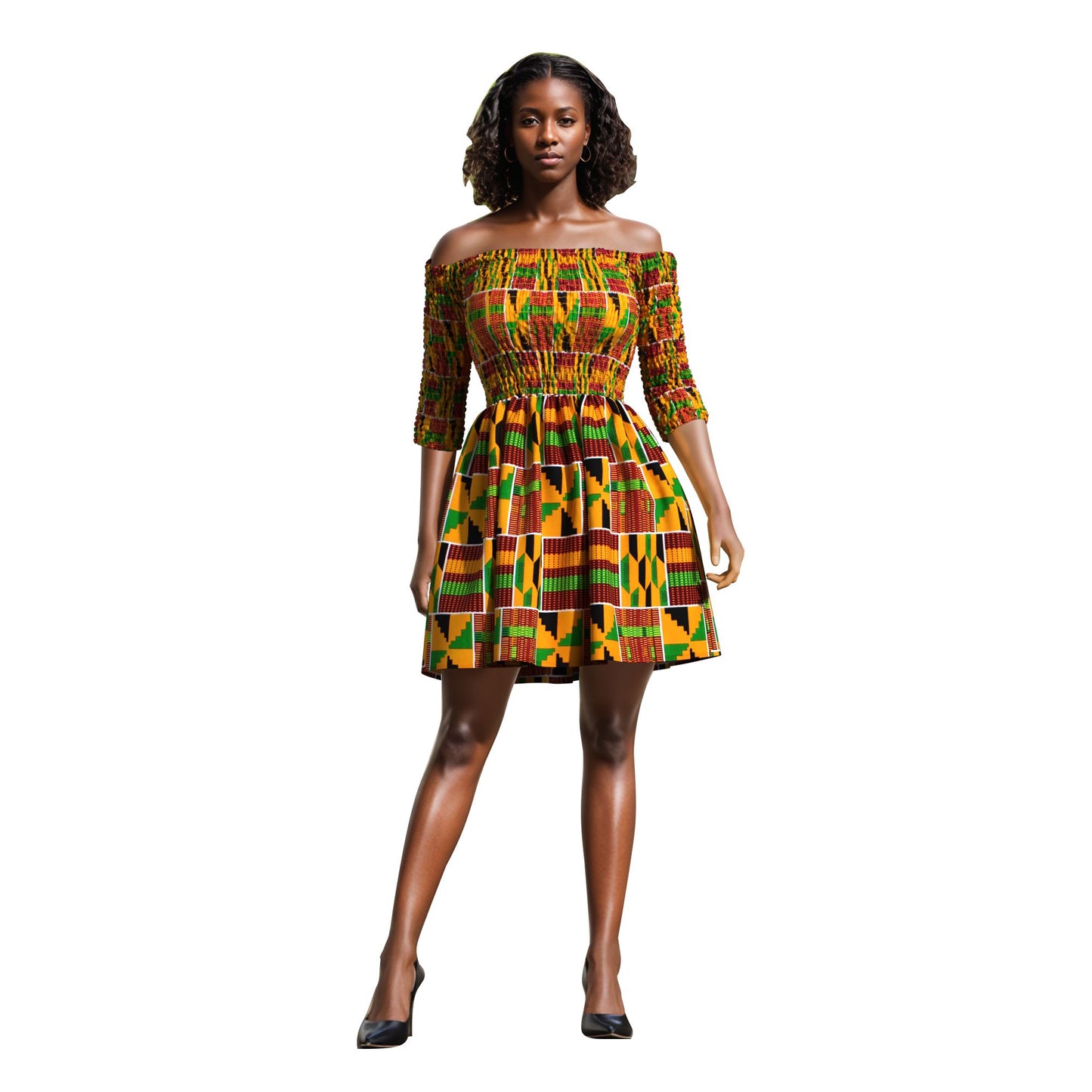 African Print Off Shoulder Flare Dress | Kente Pattern Short Party Dress for Black Women