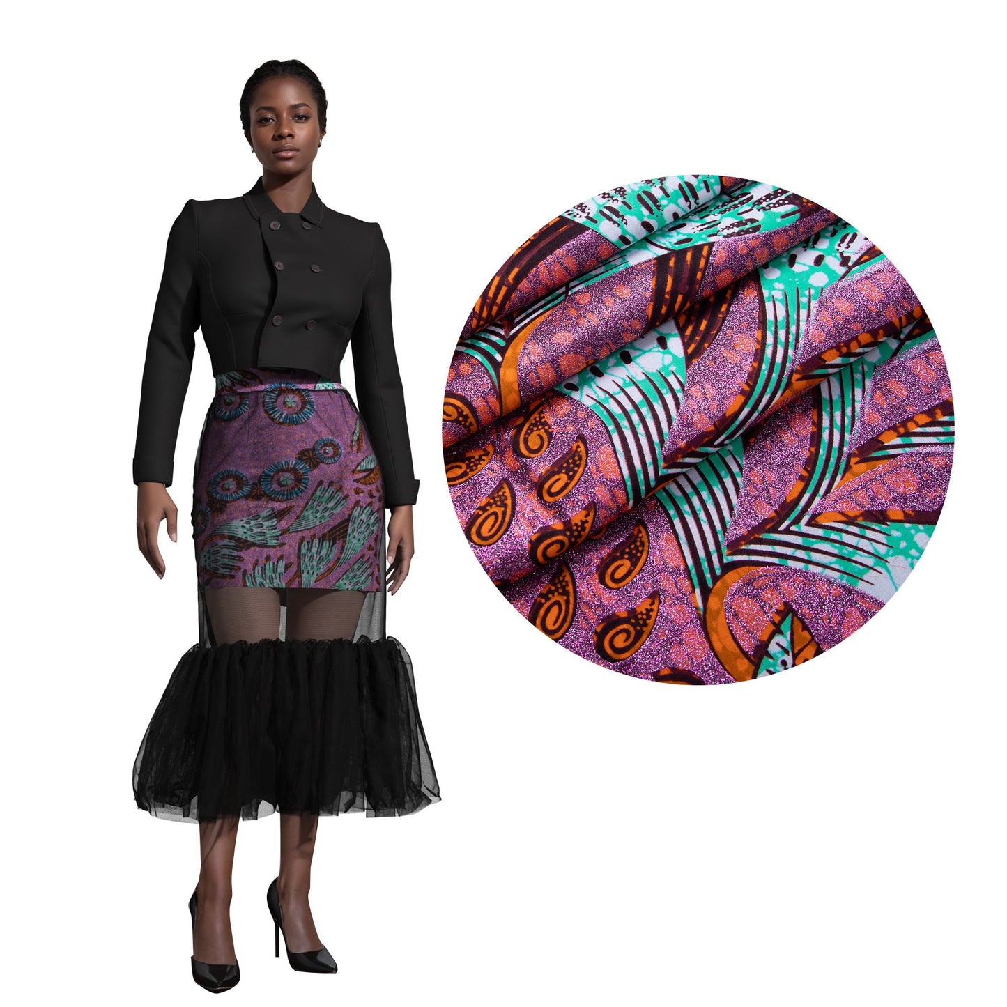 African Print Mesh Overlay Mermaid Midi Skirt
