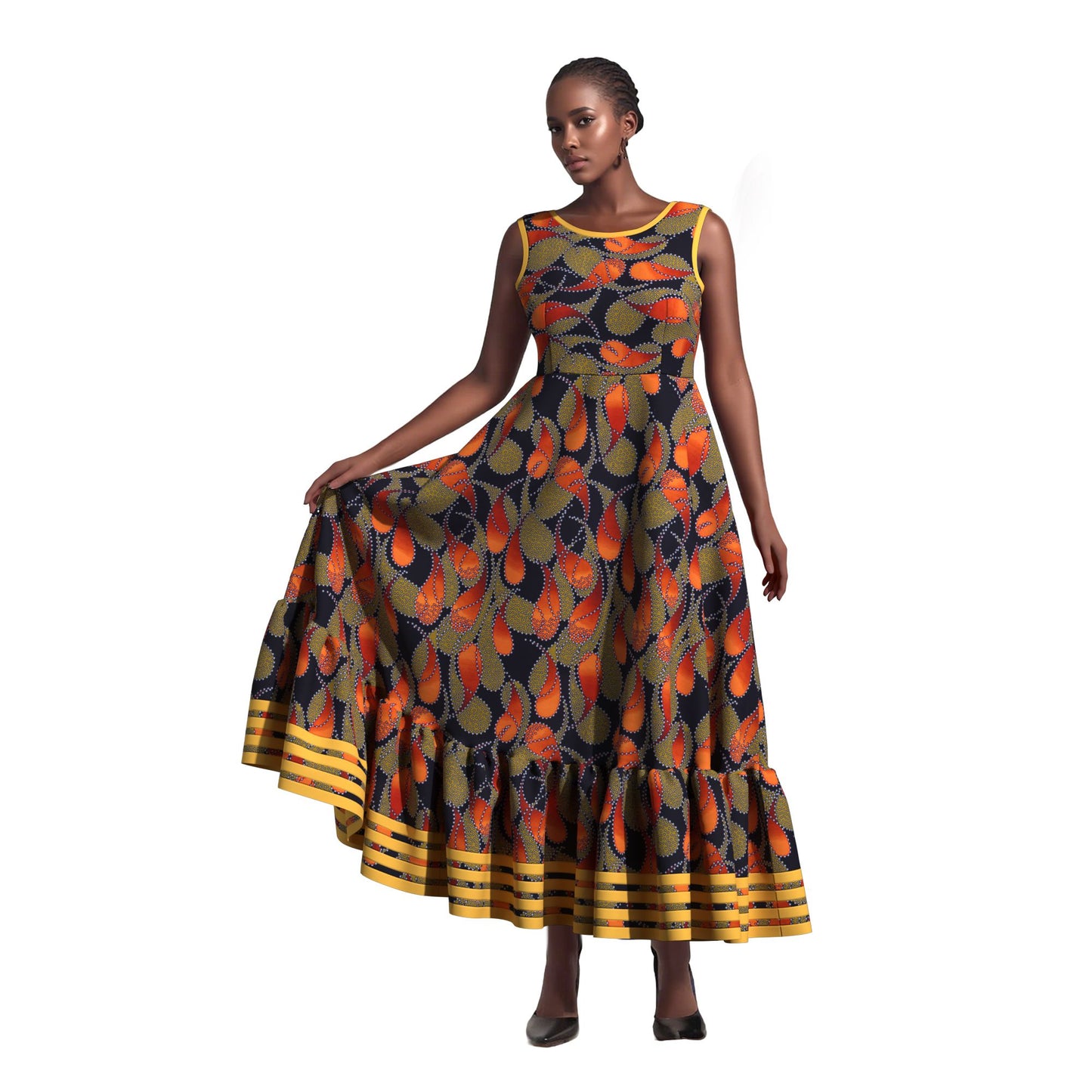 Women Ankara Wax Print Sleeveless Maxi Dress Ruffle Hem Strip Trim African Flared Long Occasion Gown