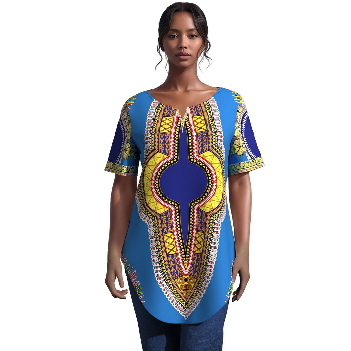 African JAVA Print Dashiki Tunic Top, Women Short Sleeve V‑Neck Curved Hem Loose Blouse WY10632