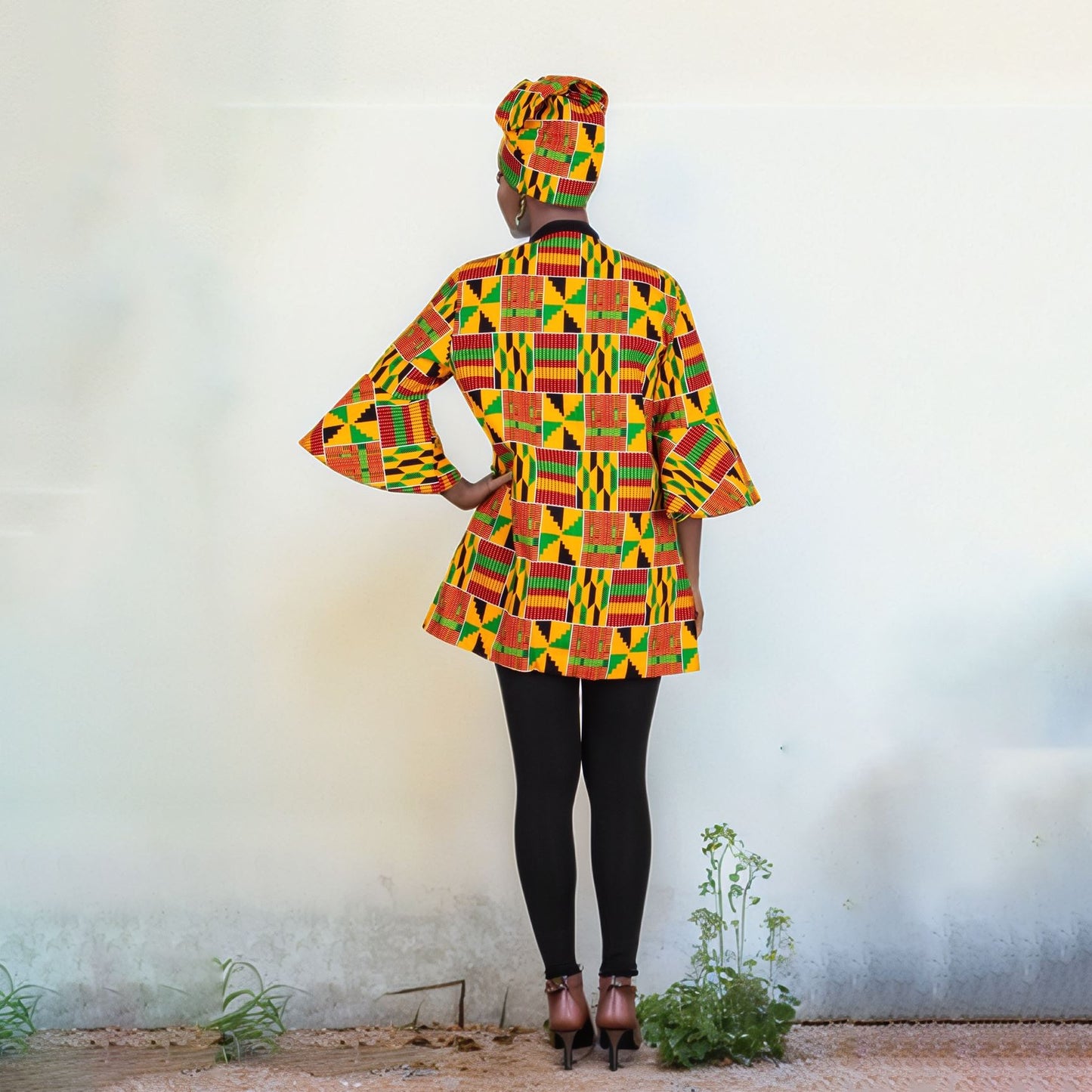 African Print Women's Jacket & Headwrap Set – Vibrant Geometric Pattern