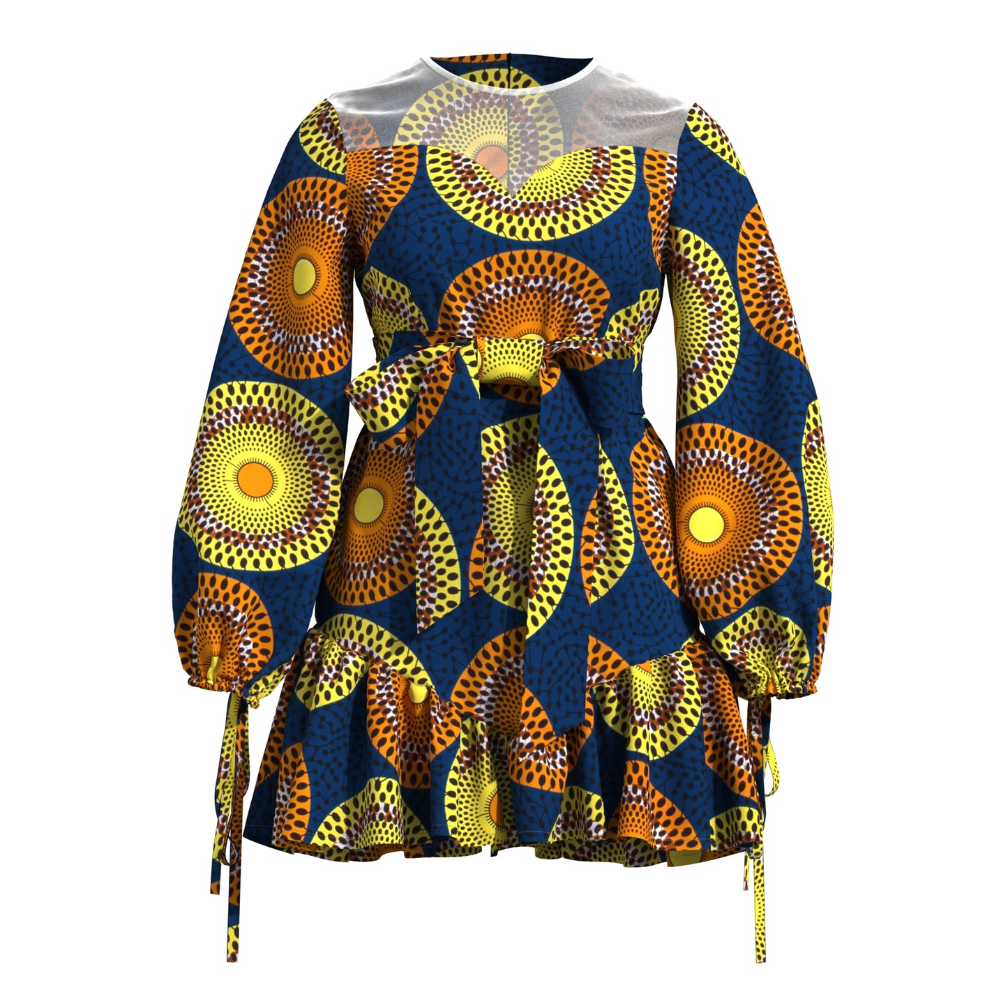 Sheer Mesh Neck African Print Belted Mini Dress