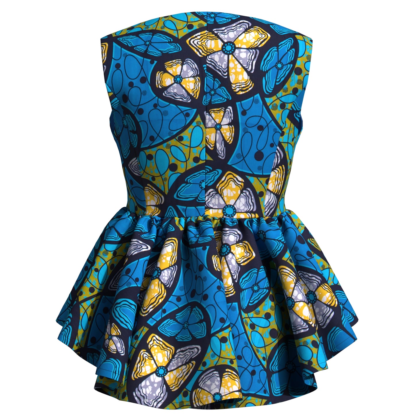 Handmade African Wax Print Sleeveless Peplum Blouse with Ruffle Detail
